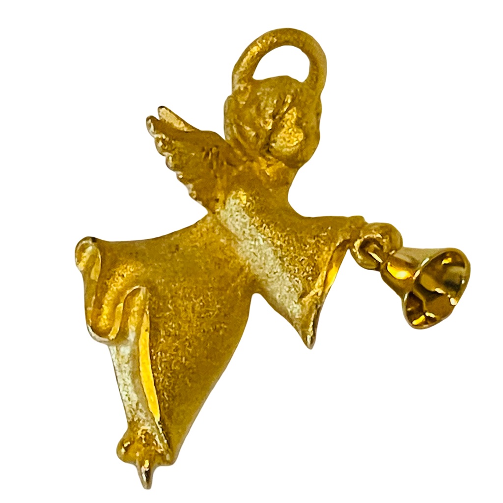 Vintage Signed Robyn Rush Goldtone Angel Brooch With Dangling Bell